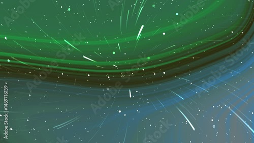 Abstract swirling green and blue cosmic background with sparkling star like particles and flowing curves in a mesmerizing dynamic celestial inspired design for wide applications