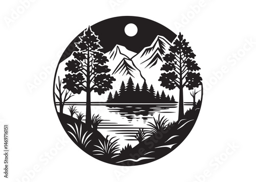 Lake Scene Silhouette Vector