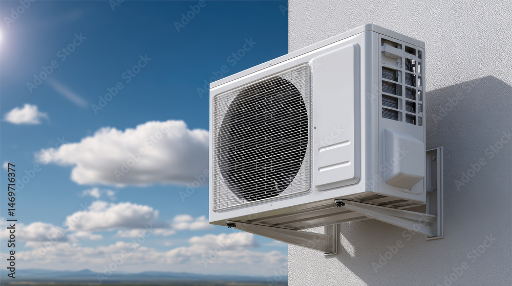 New external air conditioning unit on the wall of a building on a hot summer day in full sun