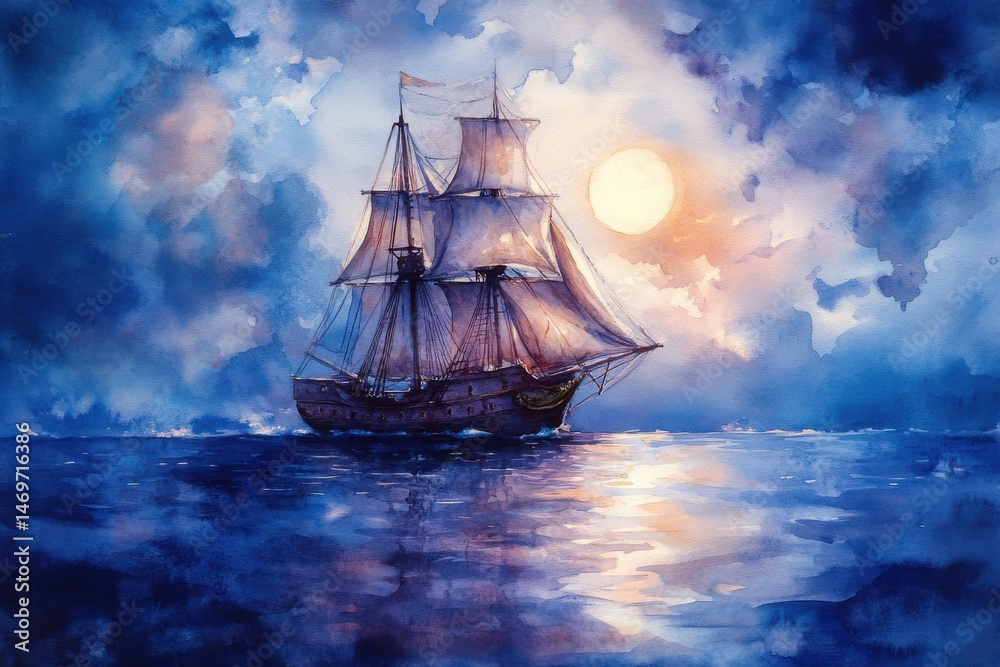 Obraz premium A majestic sailing ship glides across a moonlit sea, surrounded by dramatic clouds and shimmering water in a vibrant watercolor style.