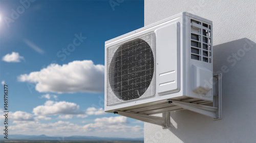 Obraz na płótnie New external air conditioning unit on the wall of a building on a hot summer day in full sun w salonie