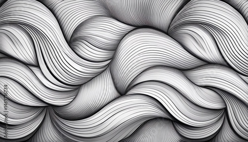 Abstract Monochromatic Wave Pattern Curving Lines, Striped Design, 3D Illusion