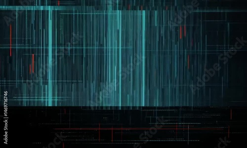 Abstract digital glitch art with vibrant teal lines and red accents on dark backdrop