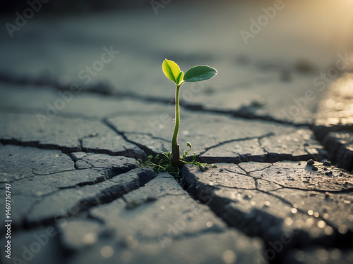 Resilience: A symbol of unwavering determination and the enduring power of growth. A tiny sprout pushes through cracks, demonstrating strength and hope. photo