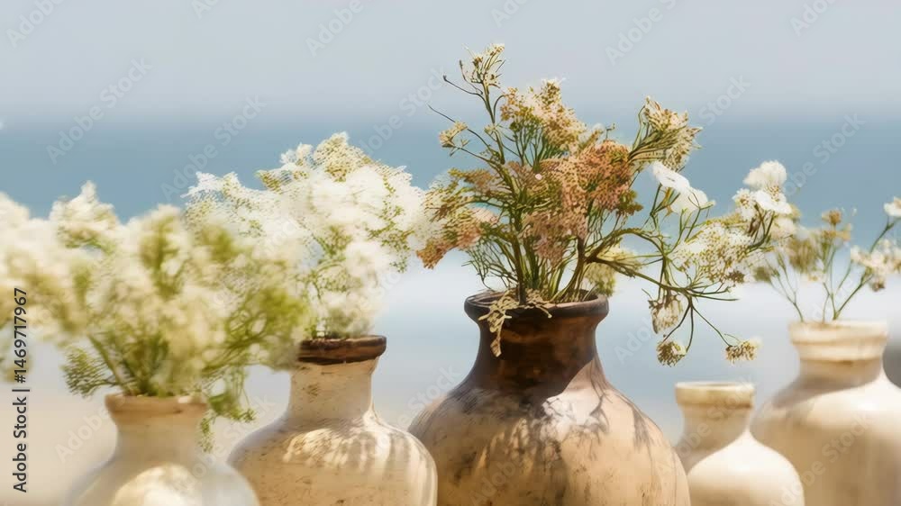 Assorted ceramic jugs filled with dried flowers placed on a wooden surface with blurred ocean backdrop in soft natural light Assorted ceramic jugs filled with dried flowers placed on a wooden surface with blurred ocean backdrop in soft natural light