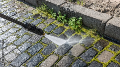 Obraz na płótnie Removing moss from sidewalk slabs using a water jet from a pressure washer w salonie