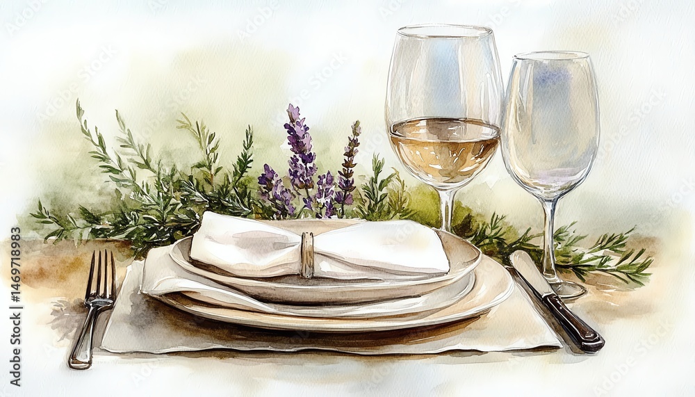 Elegant watercolor painting of a romantic table setting with wine glasses and lavender.