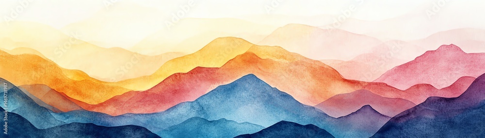Abstract watercolor landscape, colorful mountains, sunset hues