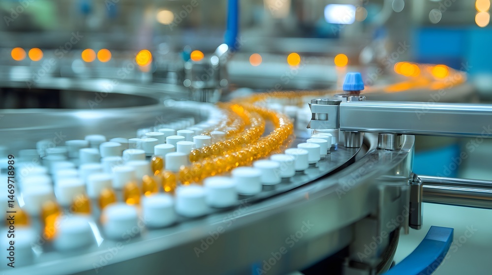 Obraz premium A conveyor belt filled with blue pills is moving through a factory. The pills are small and round, and they are all the same color. The conveyor belt is blue, and it is moving at a steady pace