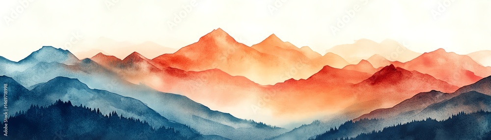 Serene watercolor landscape of misty mountains at sunrise.