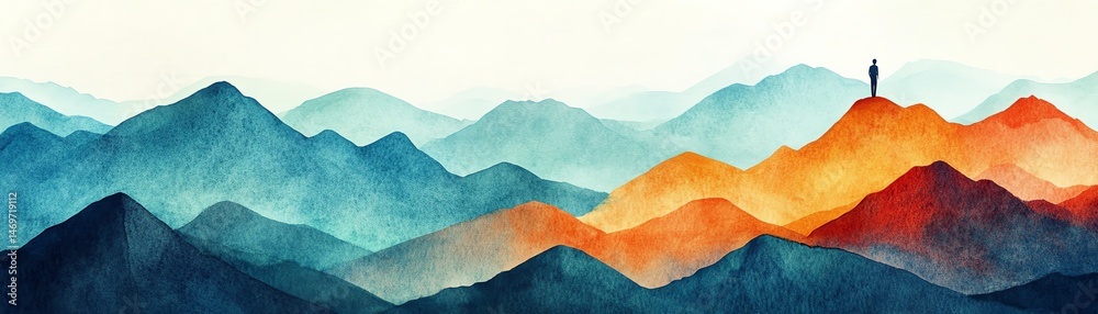 Serene watercolor landscape of majestic mountains at sunset.