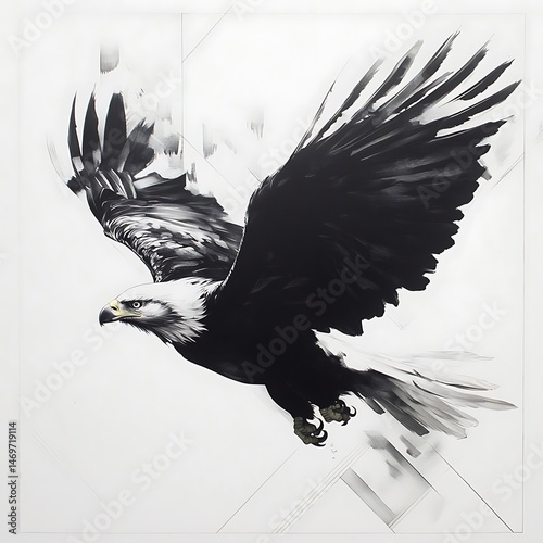Majestic eagle soaring, white background, geometric design, freedom concept