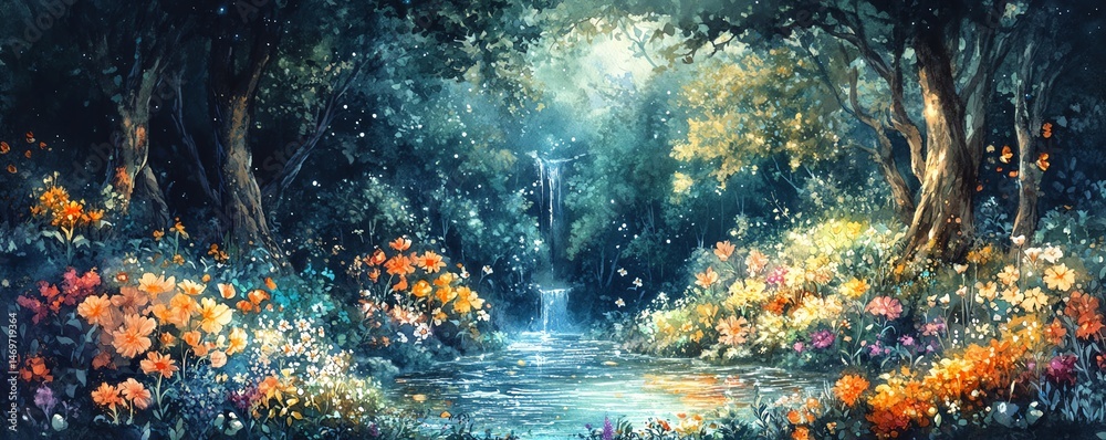 Enchanted forest scene with waterfall, flowers, and trees.