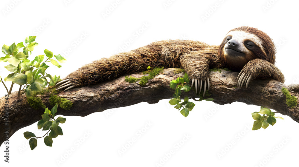 Obraz premium Sloth Resting on Big Branch Isolated on Transparent Background