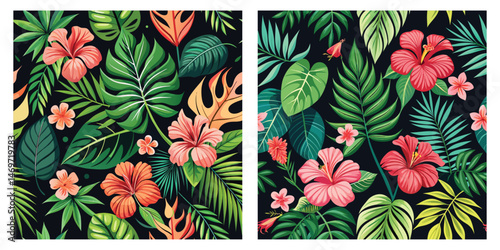 Vibrant Tropical Floral Arrangement with Hibiscus and Lush Foliage
