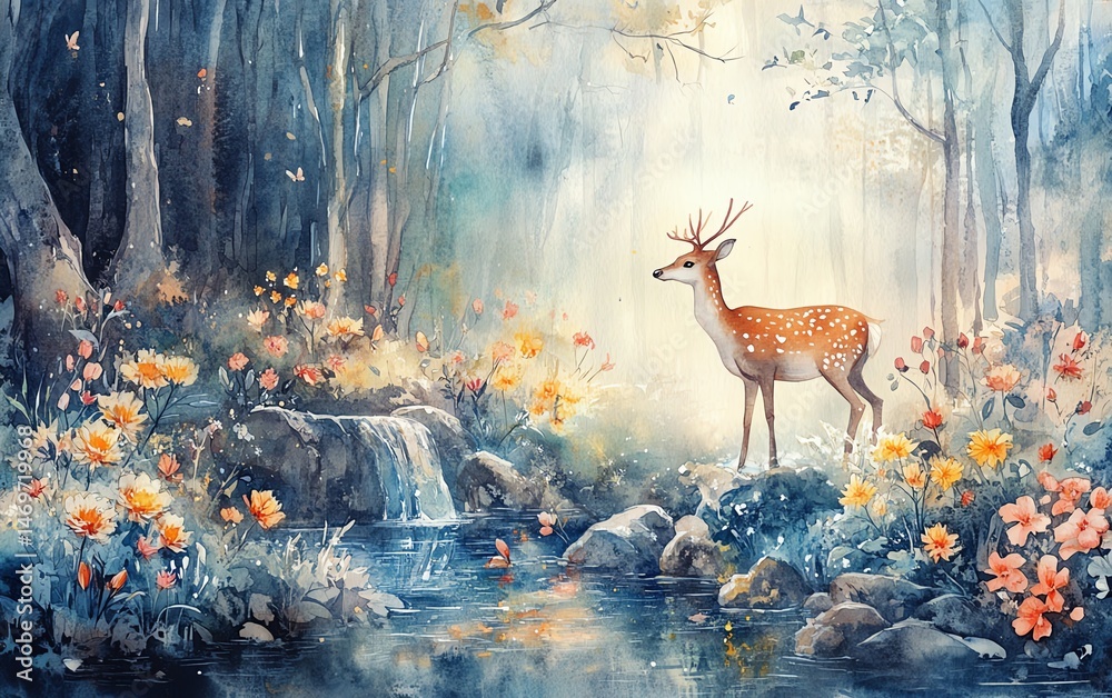 Magical deer in enchanted forest watercolor painting.