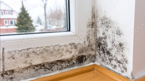 Mold and mildew in the corner of the window in the apartment, the effect of moisture and poor ventilation in the interior