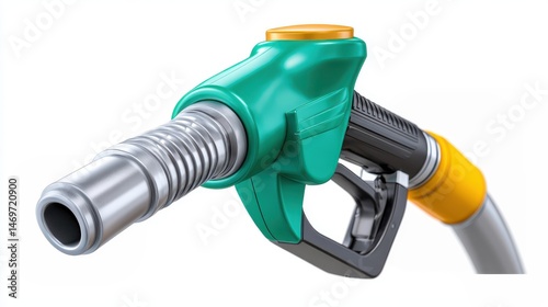 A fuel pump nozzle at a gas station, image suitable for advertisement.
