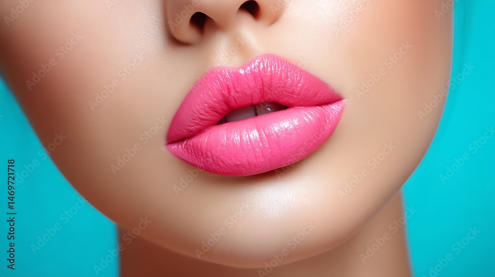 Fototapeta premium Close-Up of Beautiful Lips with Pink Lipstick on Vibrant Background