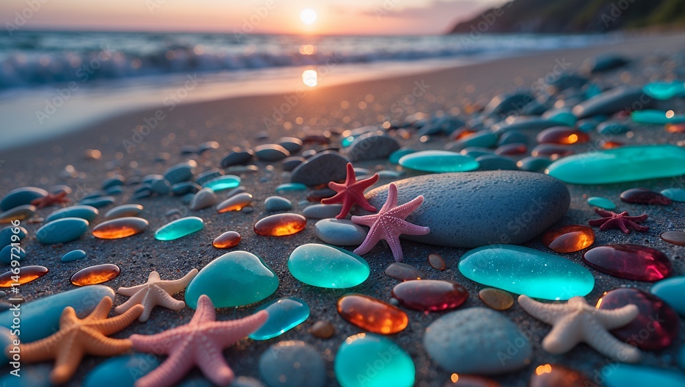 Fototapeta premium Colorful Sea Glass and Starfish on Sandy Beach at Sunset