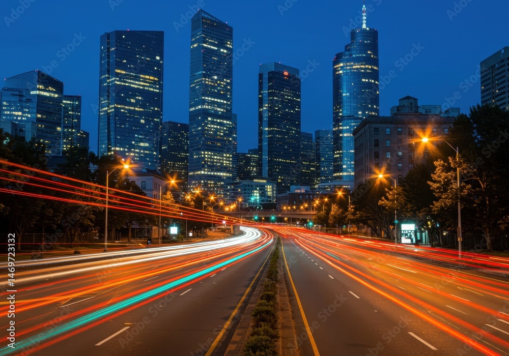 Obraz premium Cityscape view at night with light trails from traffic on the road. Skyscrapers, urban scene, transportation and modern architecture create a dynamic visual.