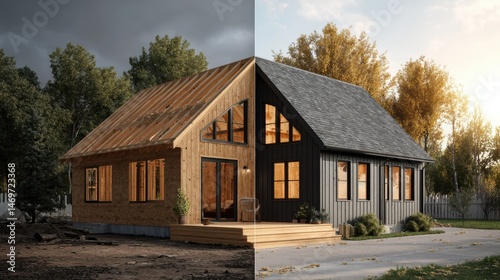 Construction of a single-family house in a wooden frame structure, before and after, raw and finished state