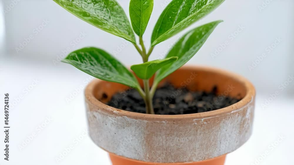 Close-up shot of a small plant with bright green leaves, growing in a terra cotta pot on a white surface with natural lighting Close-up shot of a small plant with bright green leaves, growing in a terra cotta pot on a white surface with natural lighting