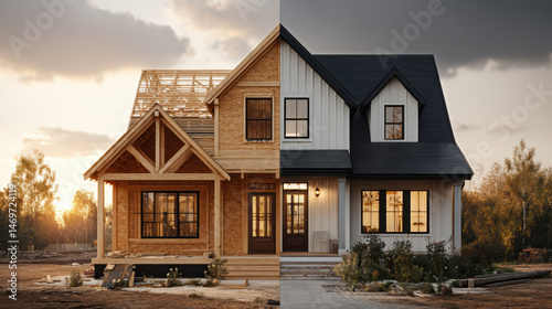 Obraz na płótnie Construction of a single-family house in a wooden frame structure, before and after, raw and finished state w salonie