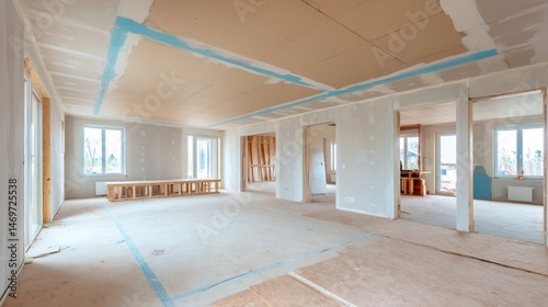 Interior of a large apartment undergoing comprehensive renovation, laying plasterboards
