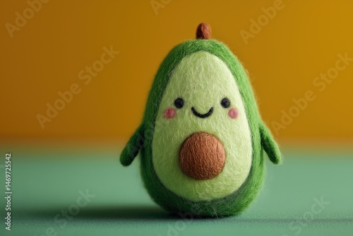 Cute smiling plush avocado with green felt and embroidered details on colorful background