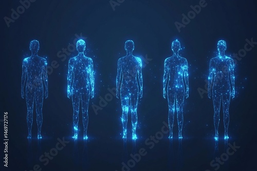 Digital human hologram silhouettes made of glowing blue particles and network connections