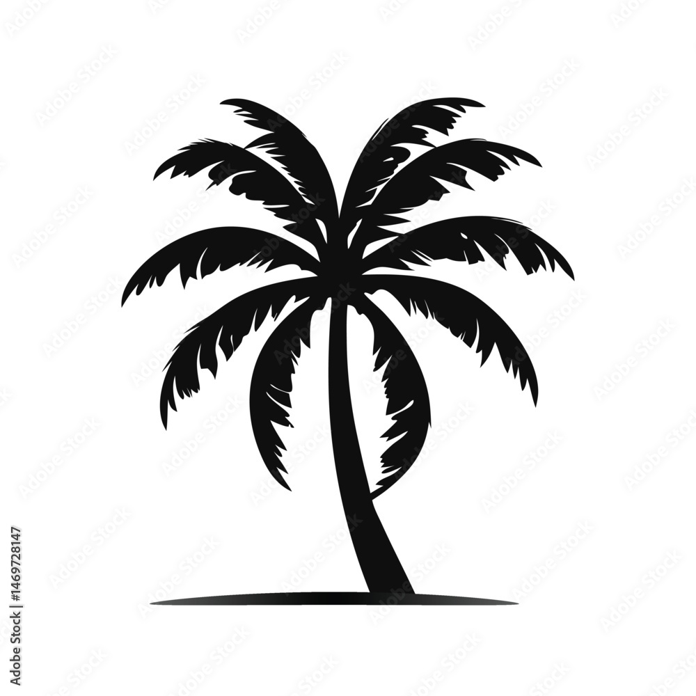 Obraz premium Tropical Palm Tree Silhouette on White Background. Perfect for Exotic Beach Themes, Nature-Inspired Artwork, and Digital Design Projects.