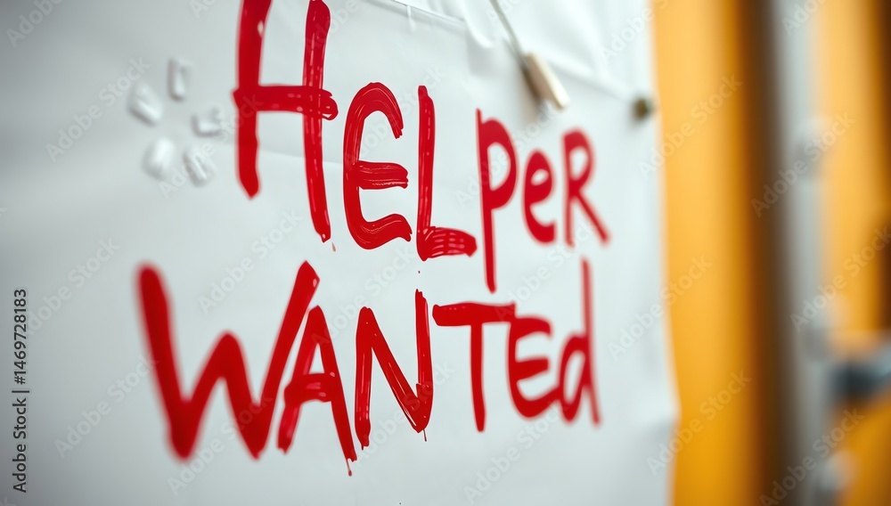 Close-up of a sign with red letters spelling 'Helper Wanted' pinned against a soft-focus background