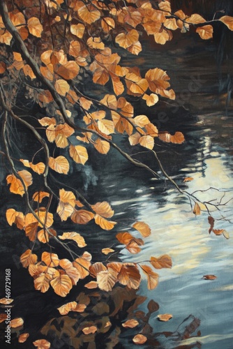Golden and brown leaves scattered across a crystal-clear pond, soft reflections of overhanging branches