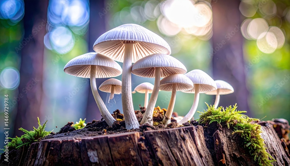 Fototapeta premium group of mushrooms sitting on top of a tree stump