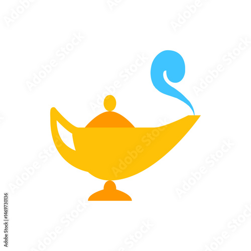 Illustration of a golden aladdin lamp with a blue genie smoke coming out of the spout on white background