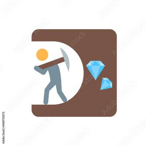 Illustration of a miner with a pickaxe mining diamonds in a brown cave with a white background