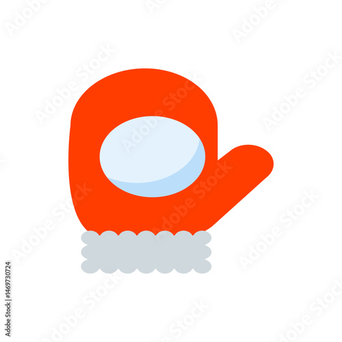 Illustration of a red mitten with white trim and a light blue circle design element on the mitten face