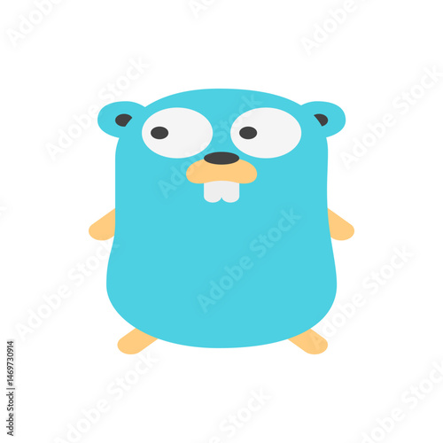 Illustration of a light blue gopher with large white eyes and buck teeth standing upright on a white background