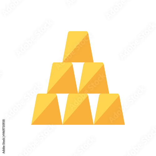 A pyramid stack of six gold bars gleaming with wealth and prosperity on a plain white background design