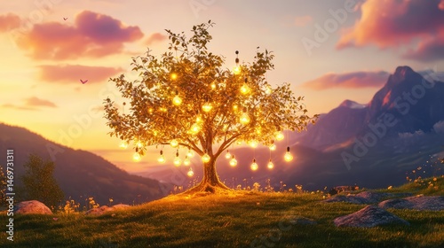 Artistic vision of tree with illuminated lightbulbs, blending nature and human ingenuity