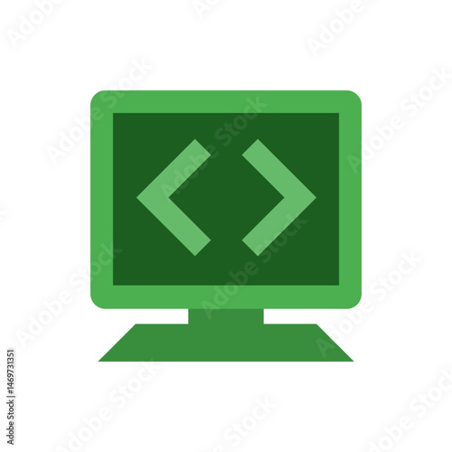 Green computer monitor displaying angle brackets representing code programming language symbol icon art