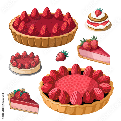 Assorted strawberry desserts and cakes with tarts on white background, vector set illustration