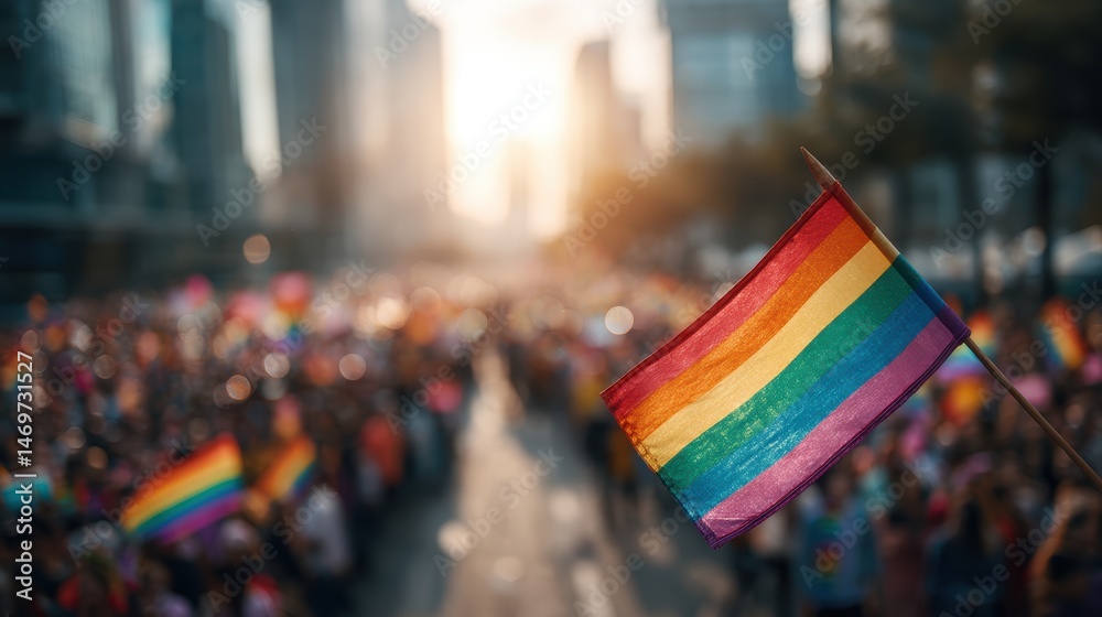 Rainbow flag of the LGBT community flies on a city street during the equality march