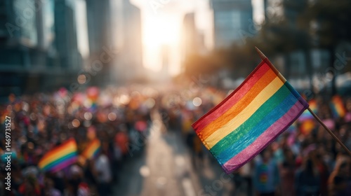 Obraz na płótnie Rainbow flag of the LGBT community flies on a city street during the equality march w salonie