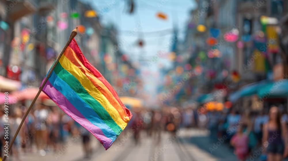 Rainbow flag of the LGBT community flies on a city street during the equality march
