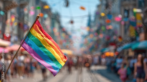 Obraz na płótnie Rainbow flag of the LGBT community flies on a city street during the equality march w salonie