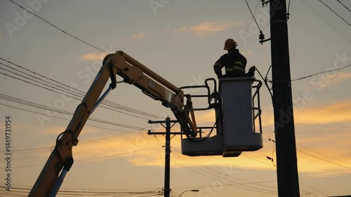 Worker in aerial lift basket sunset