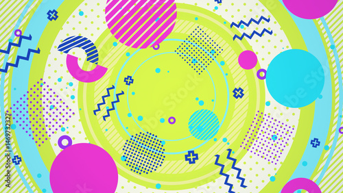 大きな円の上にメンフィス風の図形や模様が並ぶポップな平面構成 - カラフル
