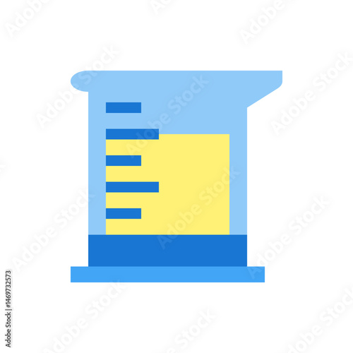 Illustration of a graduated cylinder with a yellow liquid and blue markings on a white background